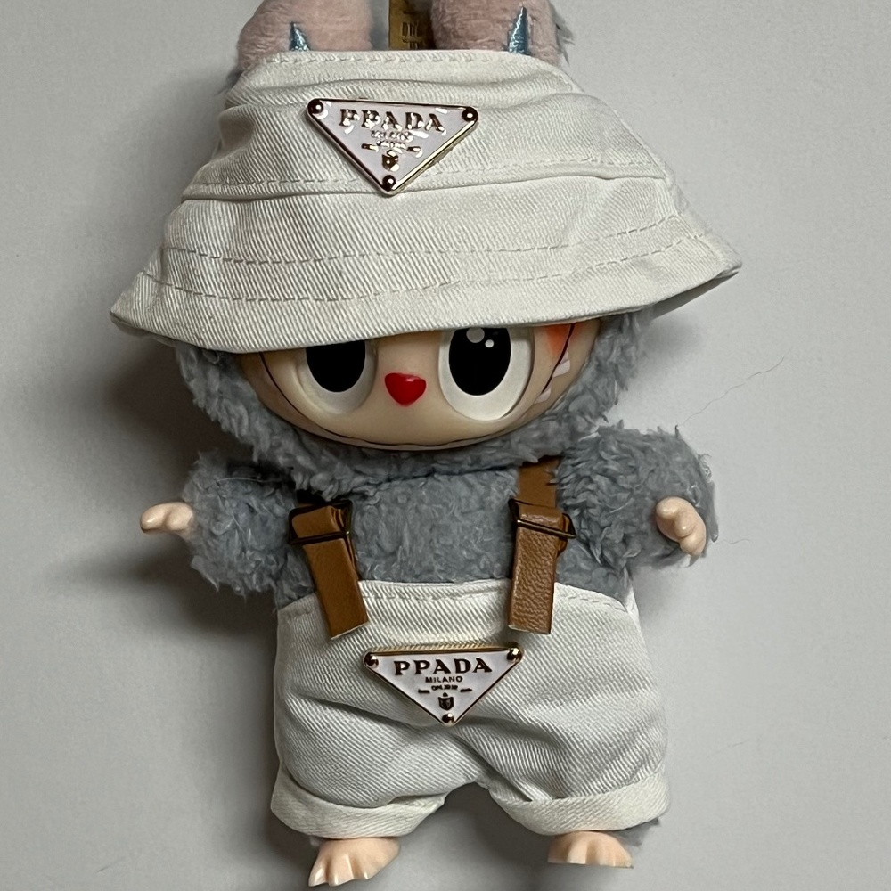 Designer Overalls Bucket Hat 2 Piece Outfit For Labubu White